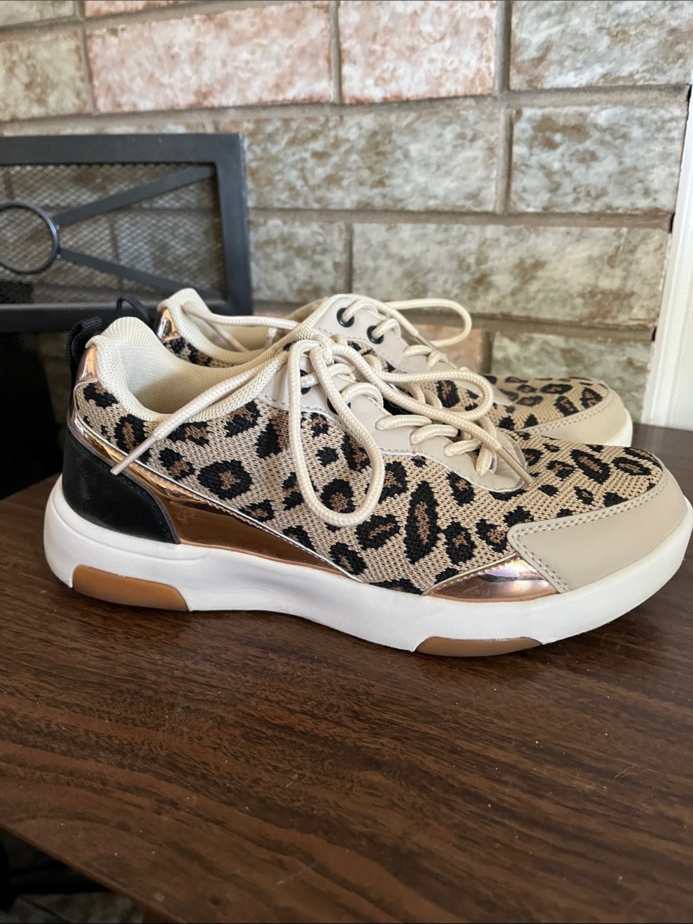 Leopard Print Lace-Up Sneakers in Beige with Rose Gold Trim